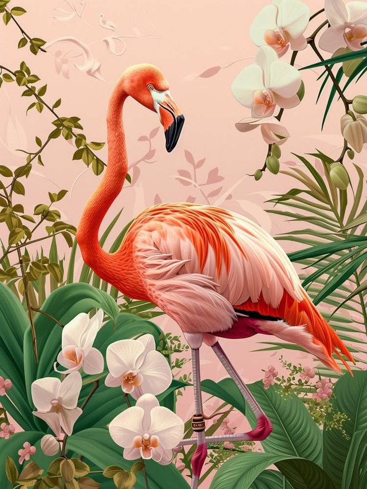 American Flamingo And Orchids Minimalist Illustration 4