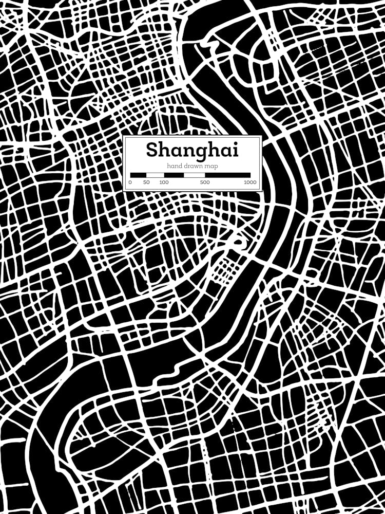 Shanghai (China) City Map — Hand-drawn map, vector black map