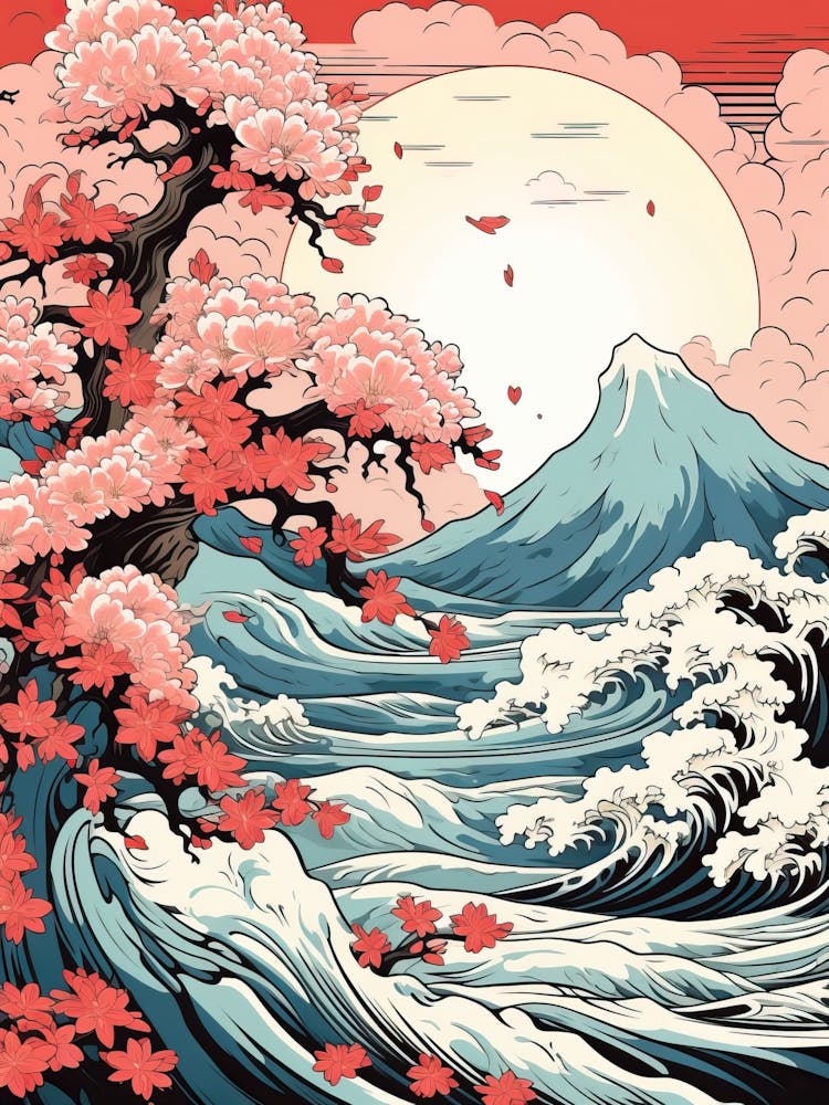Great Wave With Azalea Flower Drawing In The Style Of Ukiyo E 4