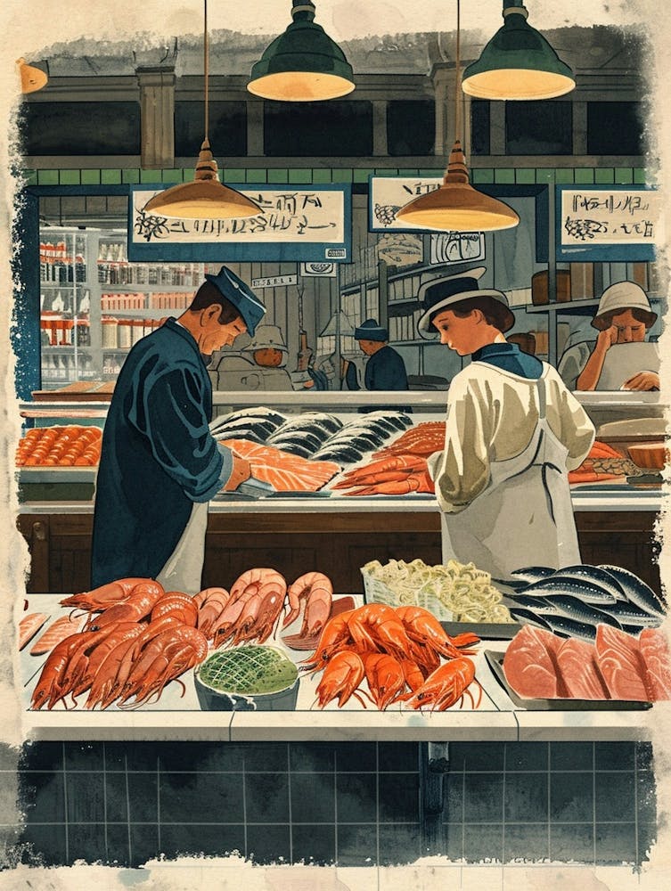 Art Deco Inspired Illustration Of People At A Fish Market