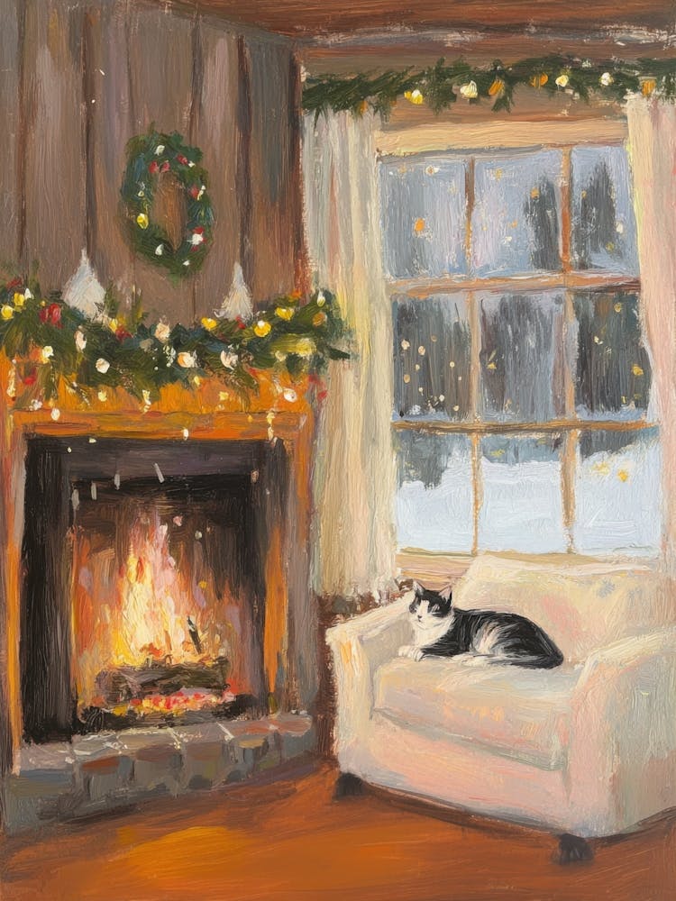 Cat by the Fireplace. Festive Acrylic