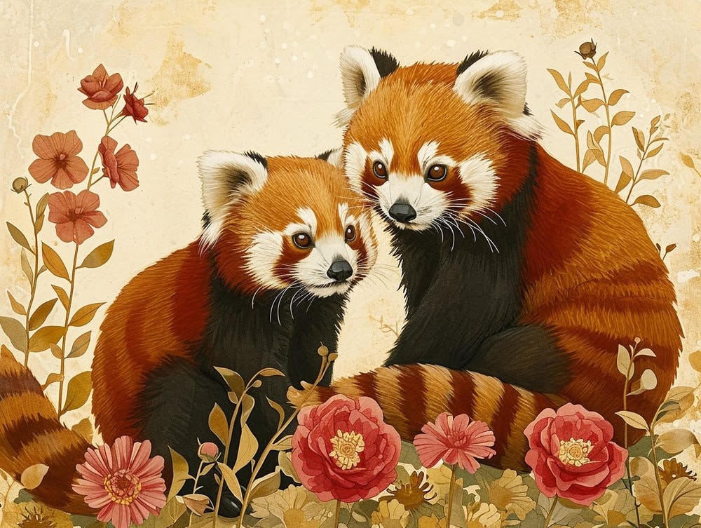 Floral Animal Illustration Red Panda 2