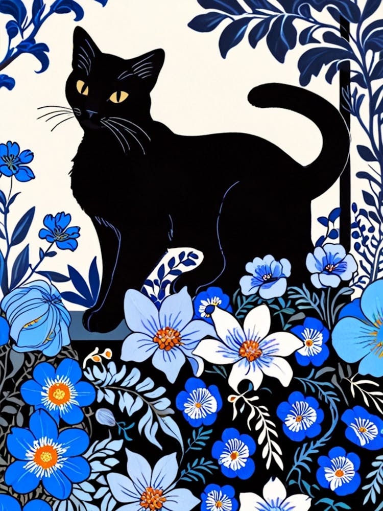 Black Cat In Blue Flowers