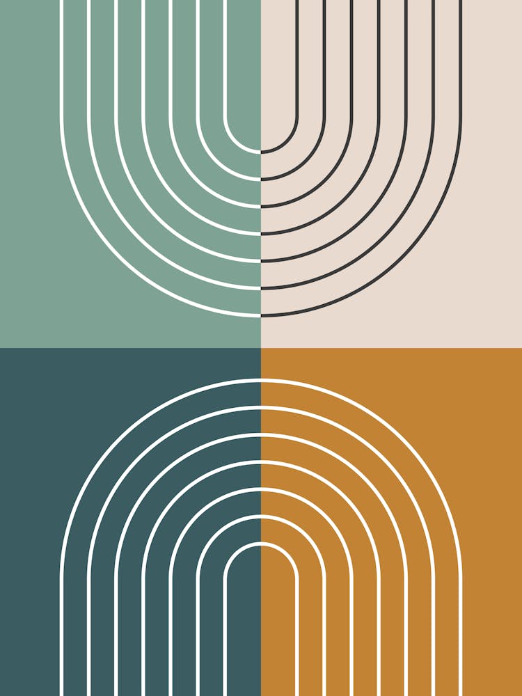 Abstract Rainbow Line and Colour Blocks I in Gold Beige Forest Sage Green, Midcentury Modern Design