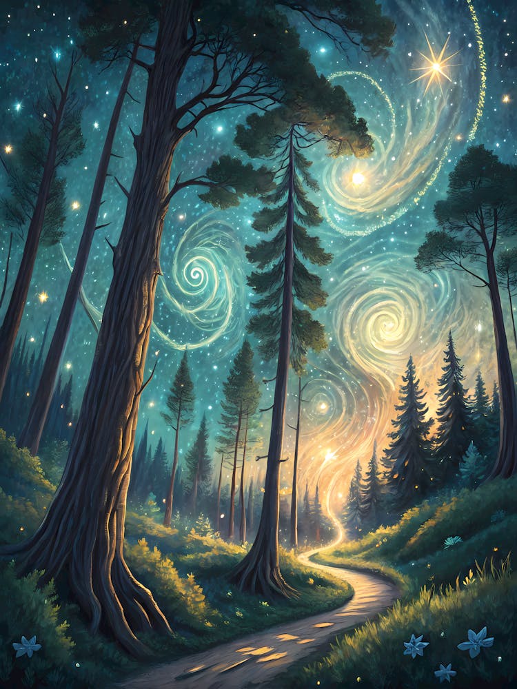 Starry Forest Path with Swirling Sky Oil Painting