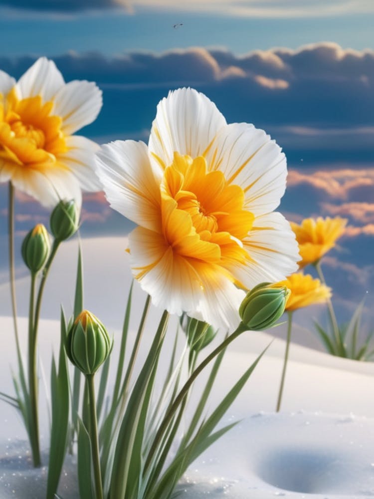 White Daffodils In The Snow