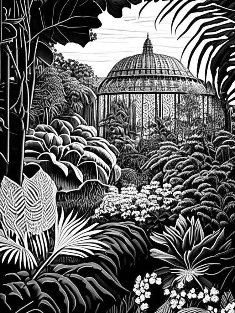 Phipps Conservatory And Botanical Gardens, Usa Linocut Black And White Vintage
