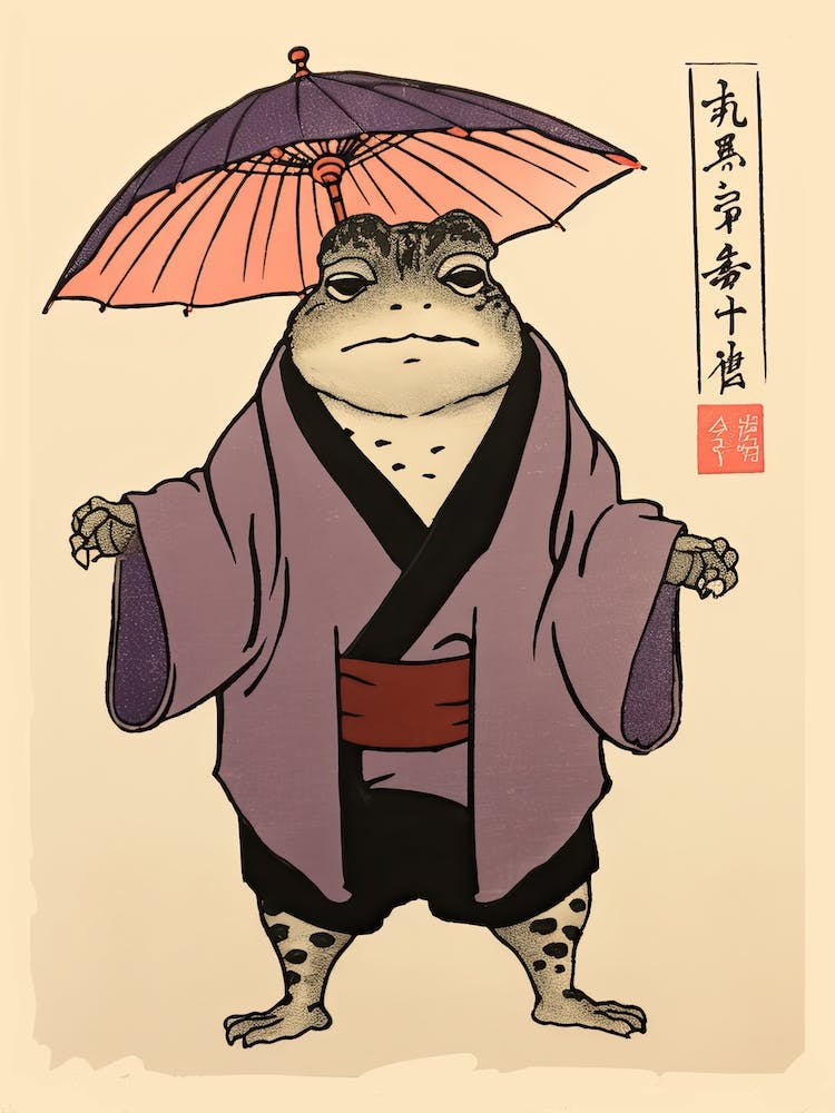 Grenouille en Kimono, Inspiré par Matsumoto Hoji Gravure sur bois japonaise 1