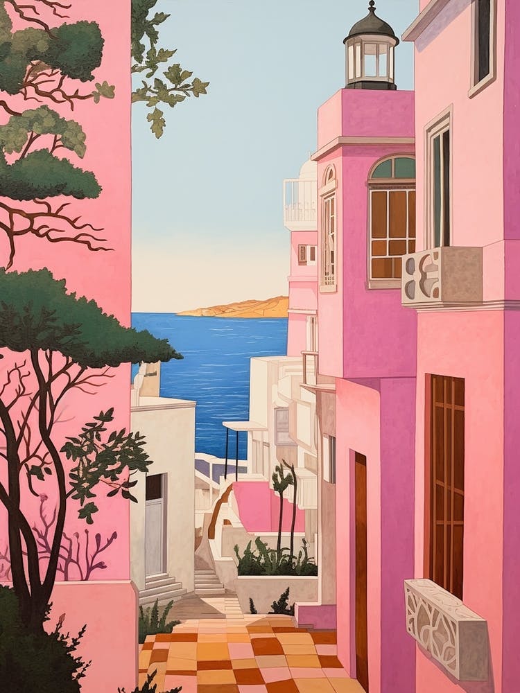 Faro Portugal 2 Vintage Pink Travel Illustration