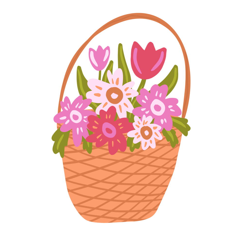 Spring flower basket with tulips and primroses pink