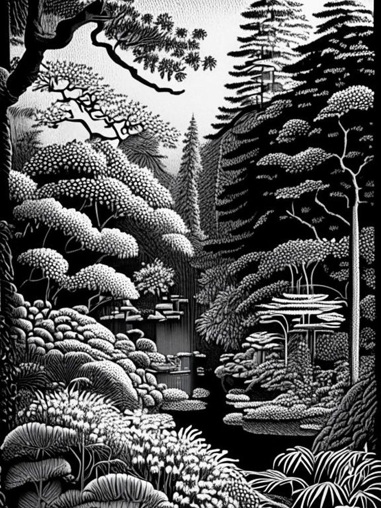 Portland Japanese Garden, 1, Usa Linocut Black And White Vintage