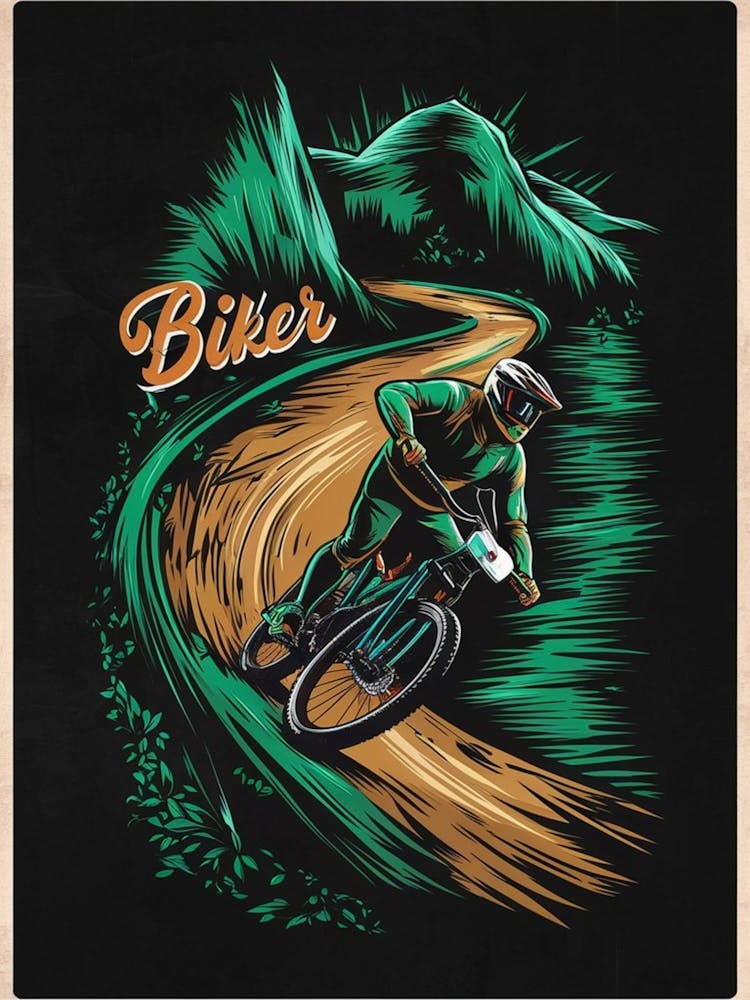 A Striking Vector Illustration Of A Mountain Biker, Shown In A Bold, Artistic Style