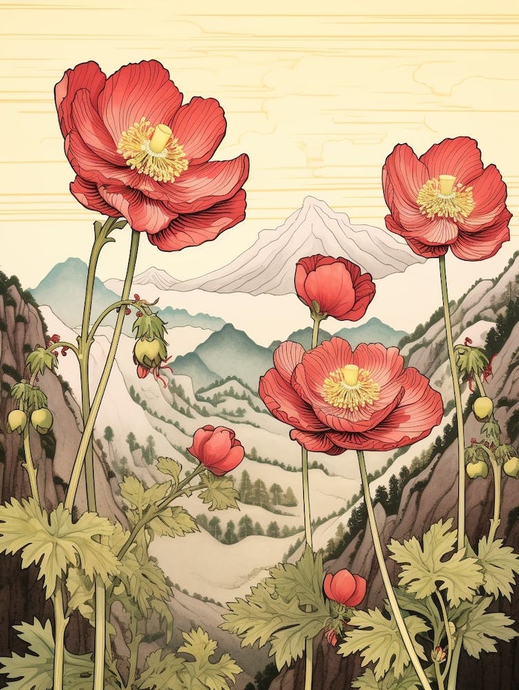 Hanaichige Japanese Anemone Japanese Botanical Illustration