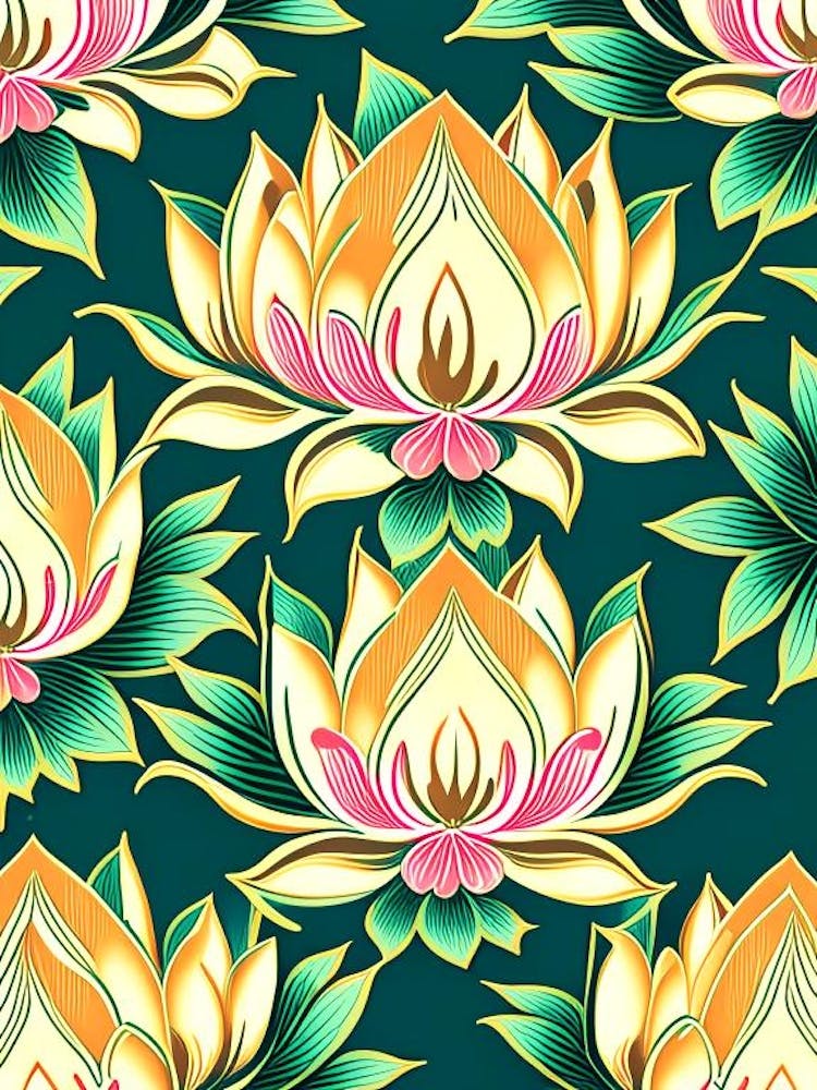Lotus Flower Repeat Pattern Retro Illustration 2