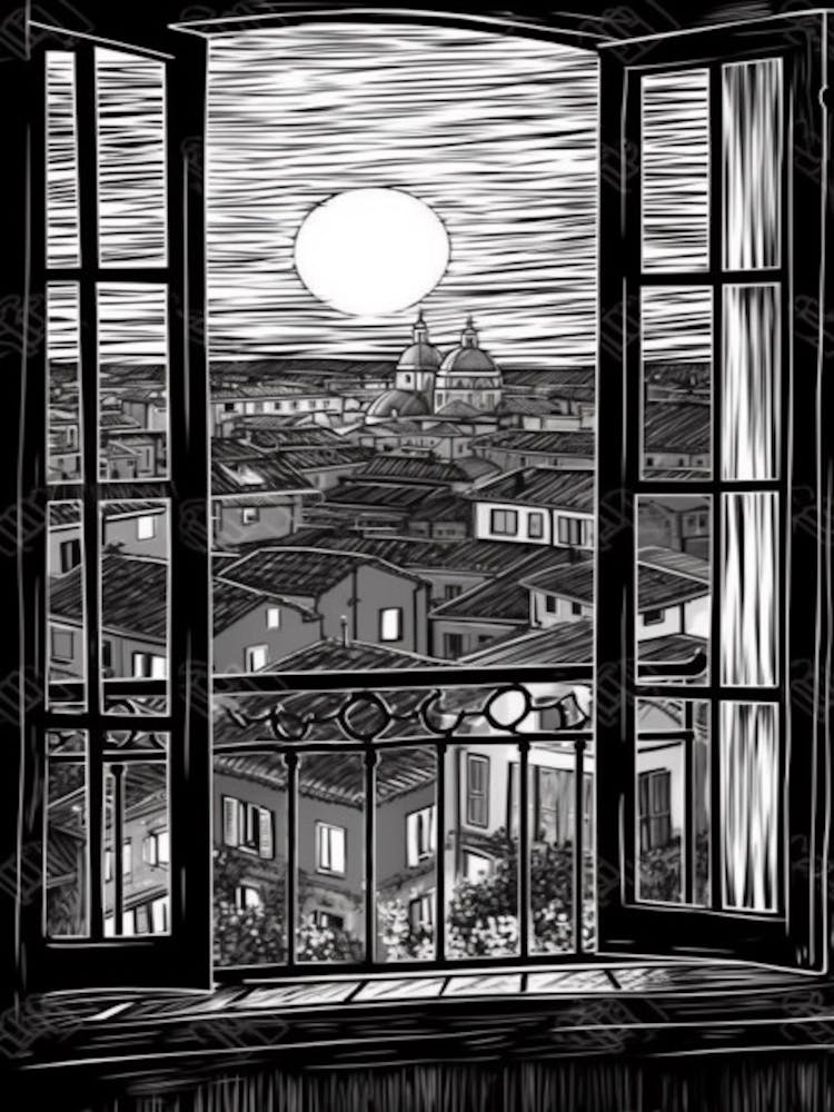 A Window View Of Rome In The Style Of Black And White  Line Art 2