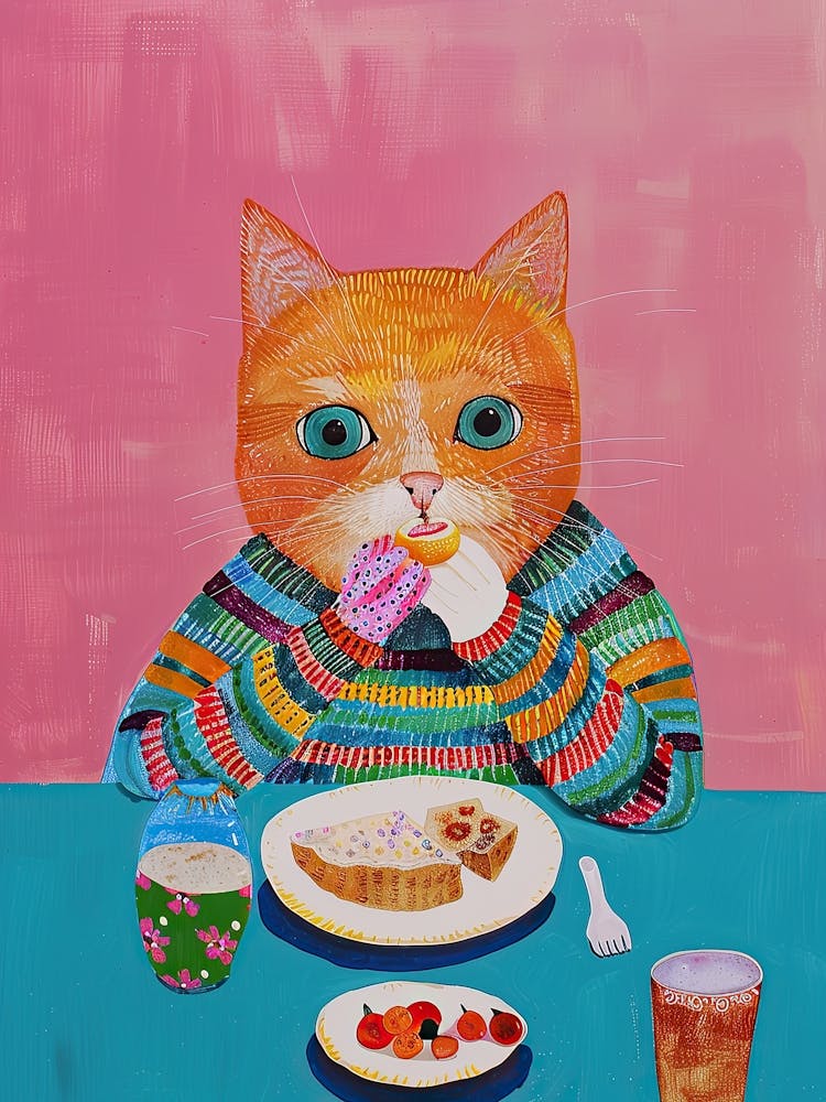 Glückliche orangefarbene Katze Beim Frühstück Volkskunst-Illustration 1