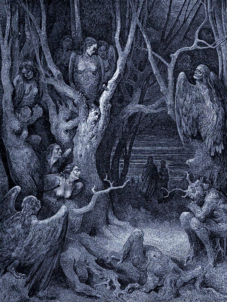 Gustave Dore - Inferno Canto XIII Harpies in the Forest of Suicide - Remastered Detail | Biblical Gothics by Gustave Doré | Dante's Inferno Paradiso Rose in HD