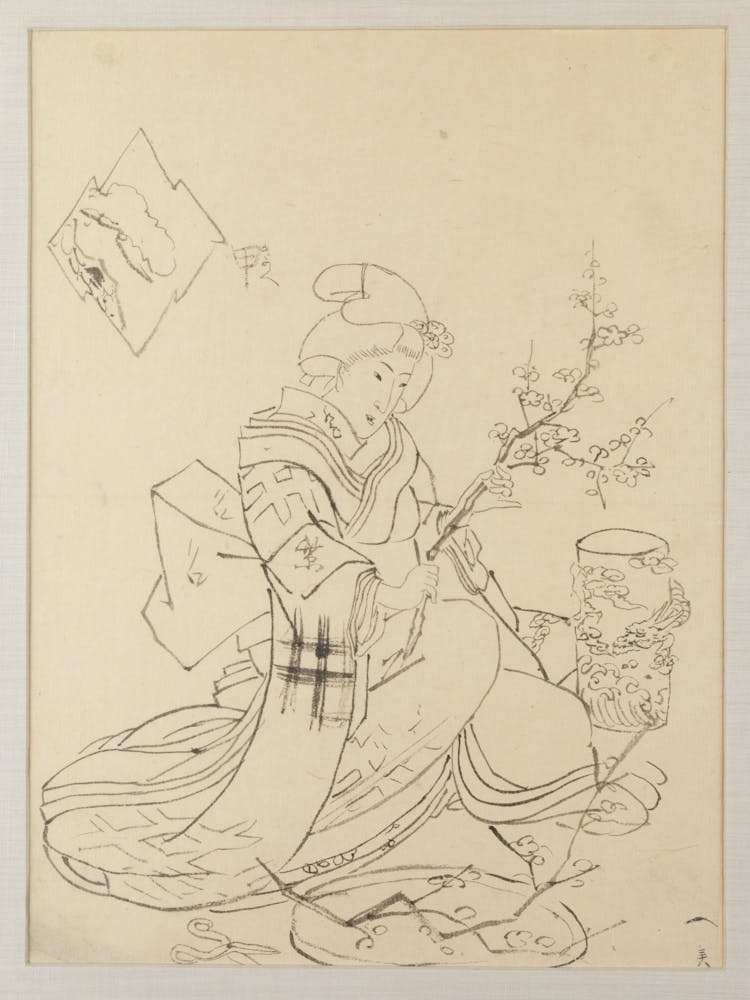 Framed Female Figure Crouching On Ground, Pruning A Blossoming Branch In Preparation For Display In Dragon Vase;
