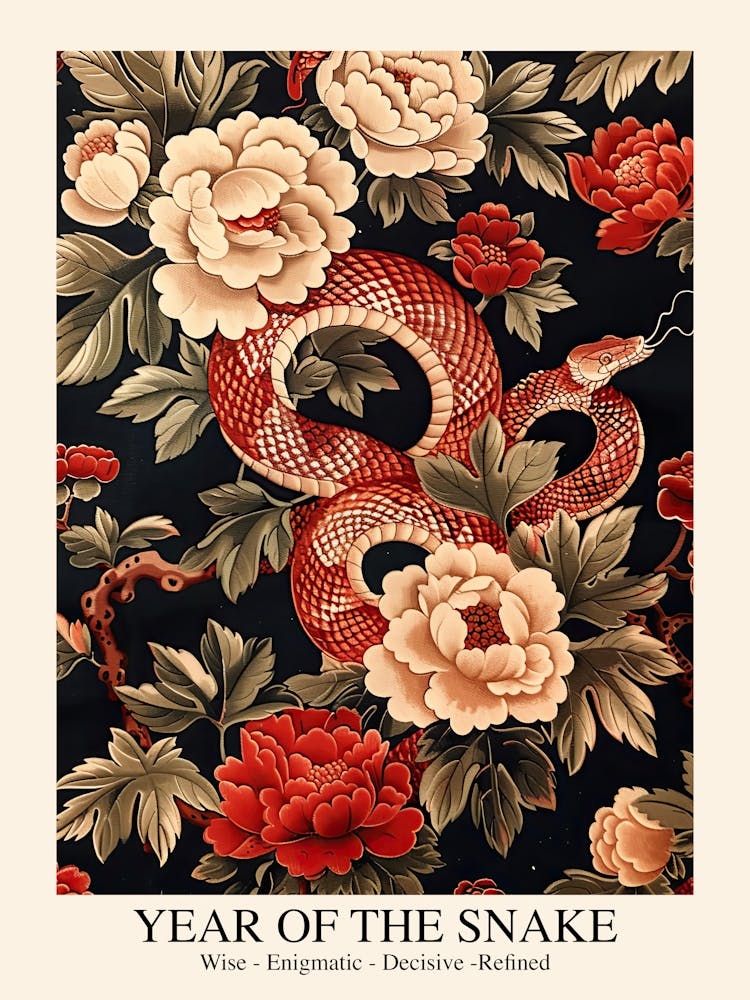 Lunar Year Of The Snake 2025 Wall Poster Framed Snake Art Chinese Zodiac Vintage Flowers