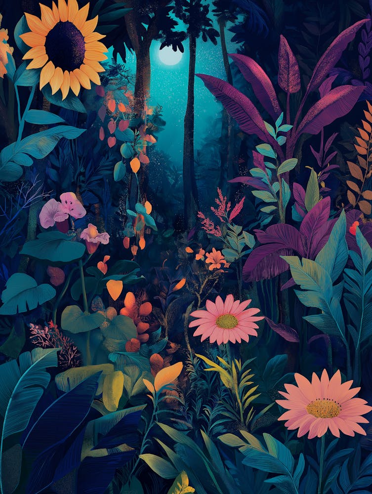 Flowers And Plants Set Against The Backdrop Of An Otherworldly Forest At Night