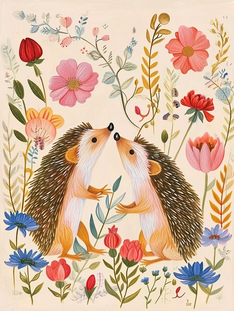 Folksy Floral Animal Drawing Hedgehog 5