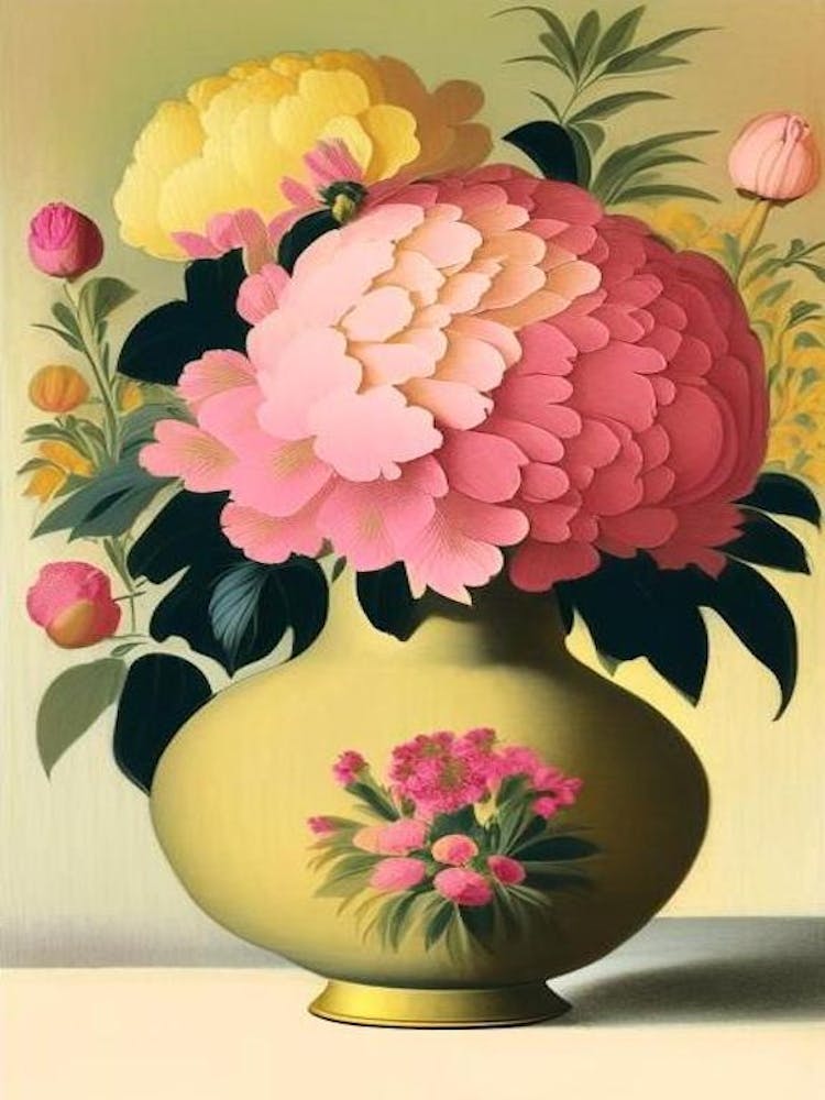 Vase Of Colourful Peonies Pink And Yellow 1 Vintage Sketch