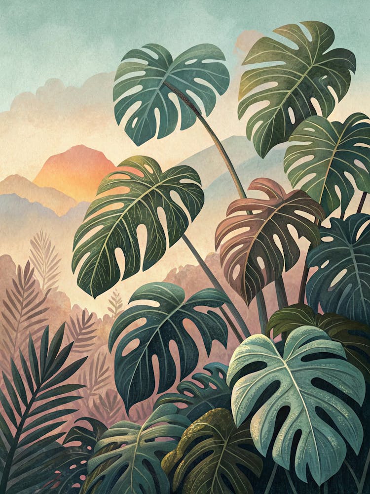 Style Peinture à l'Huile - Ombres de Monstera Superposées