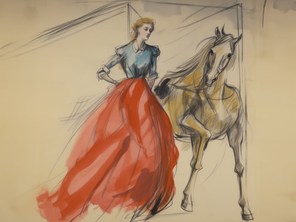 Woman And Horse Antique Sketch