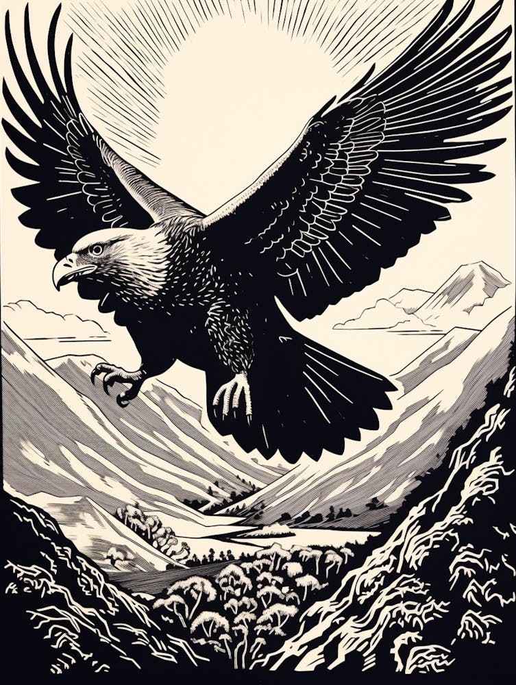 B&W Bird Linocut California Condor 1