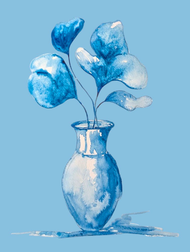 Blue Flowers in Vase Abstrakte Illustration Aquarell