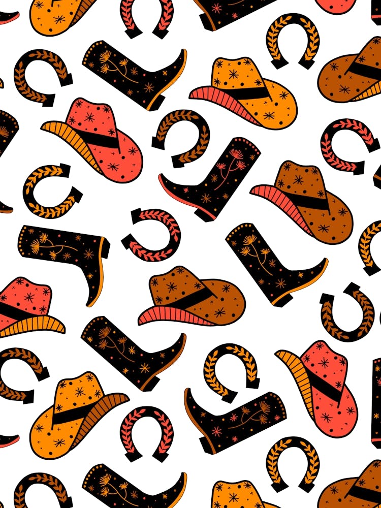 Bold Retro Western Cowboy Motifs - Brown, Black, Orange, Yellow