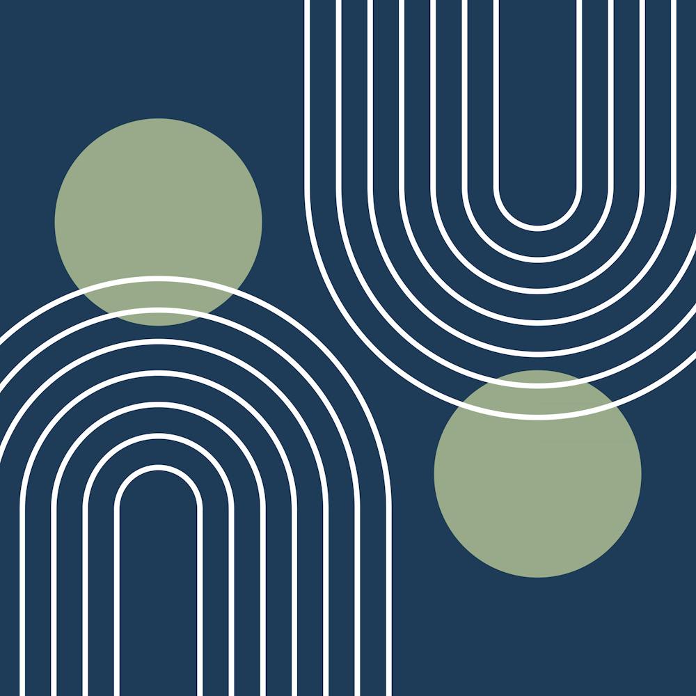 Mid Century Modern Geometric In Navy Blue And Sage Green (Rainbow And Sun Abstract) 02