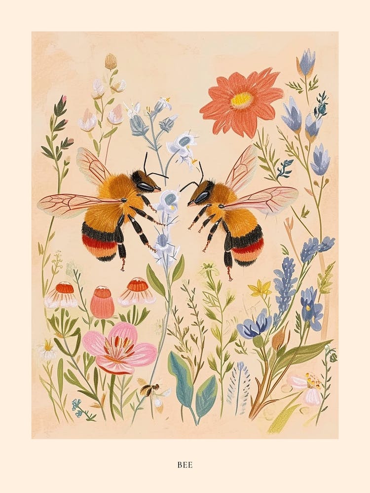 Folksy Floral Animal Drawing Bee 3 Poster