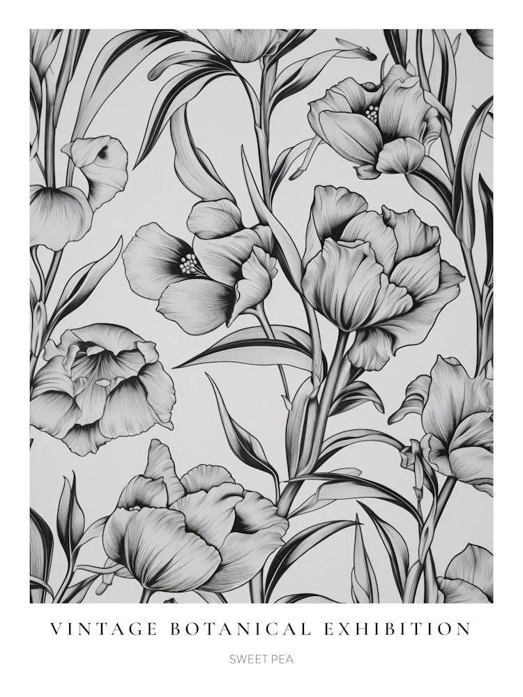 Sweet Pea B&W Vintage Botanical Poster