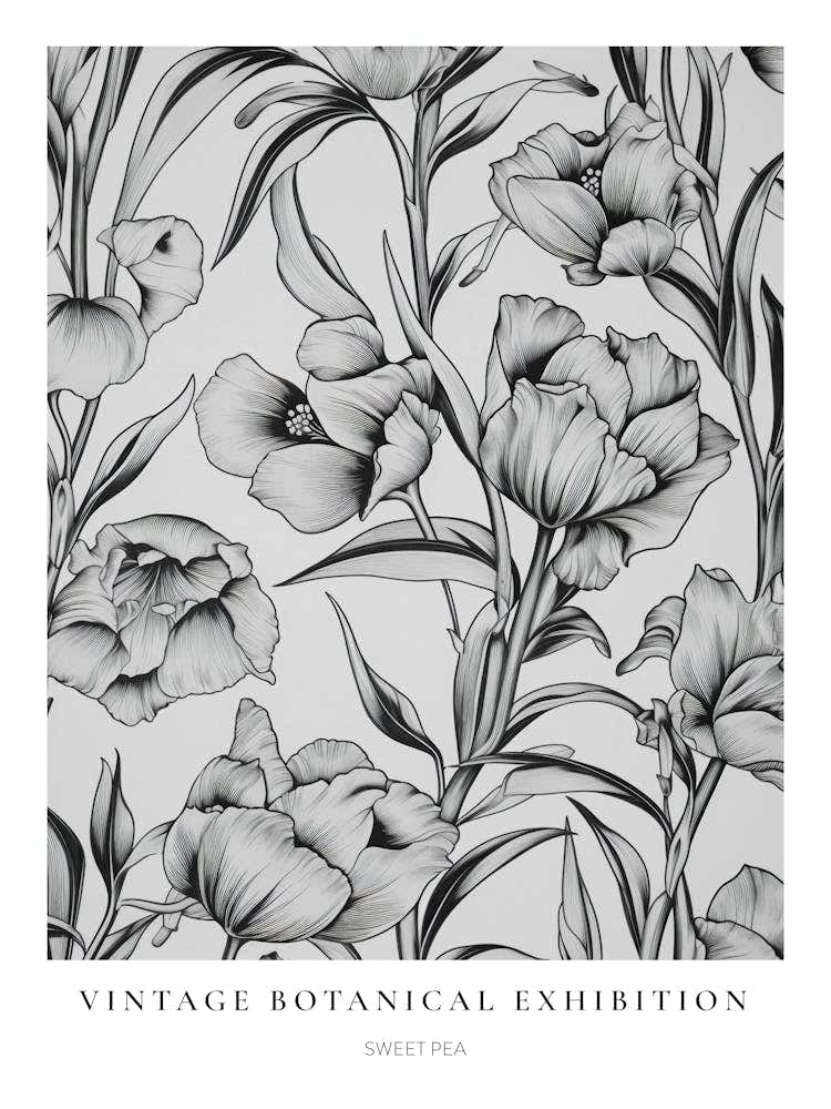 Sweet Pea B&W Vintage Botanical Poster