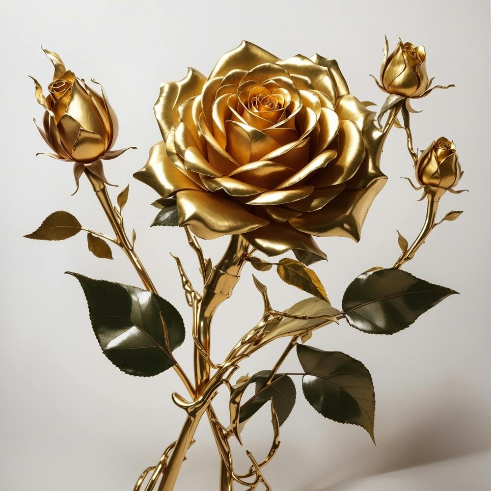 Dreamshaper V7 A Twisted Golden Rose With A Stem And Leaves Th 2