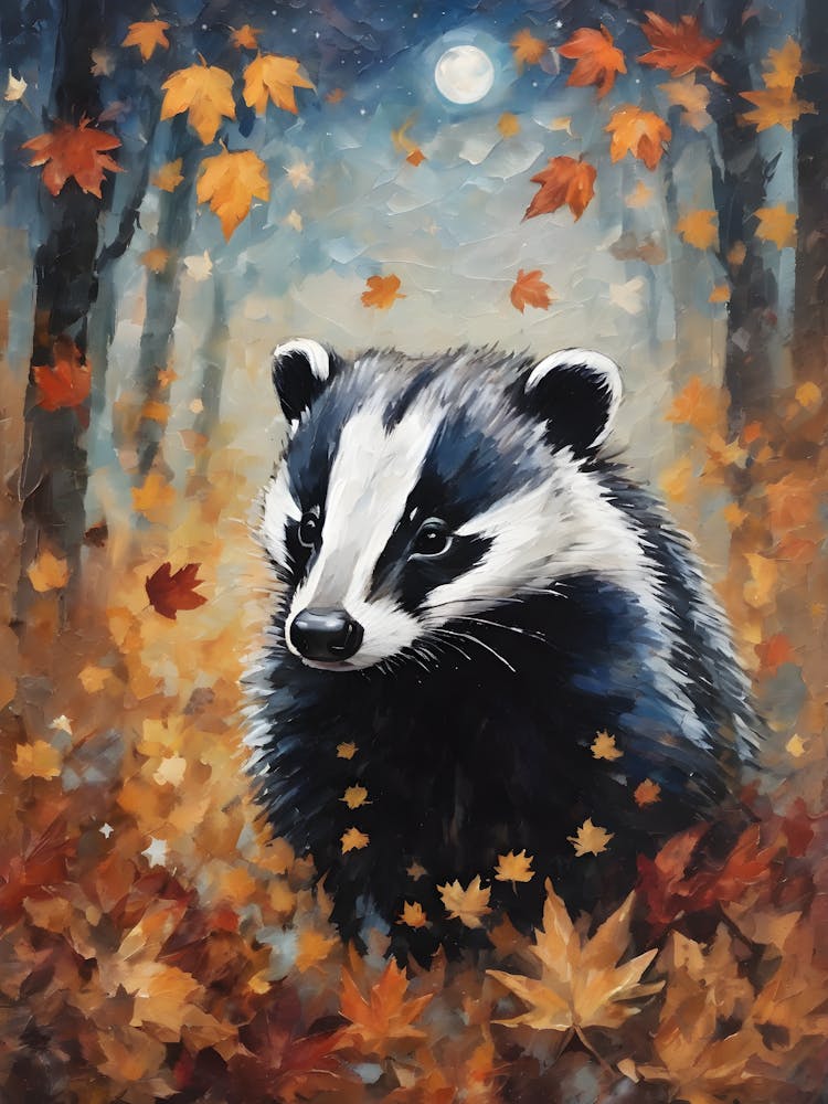 Cottagecore Dachs im Herbst - Acrylfarbe Herbst-Dachs mit fallenden Blättern bei Nacht, Vollmond Perfekt für Witchcore Cottage Core Pagan Tarot Himmels-Tierkreis Galerie-Akzentwand Wunderschöne Waldtiere Serie HD