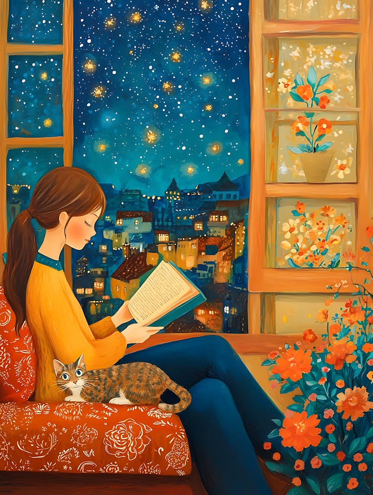 Girl Reading Book with Her Cat 17