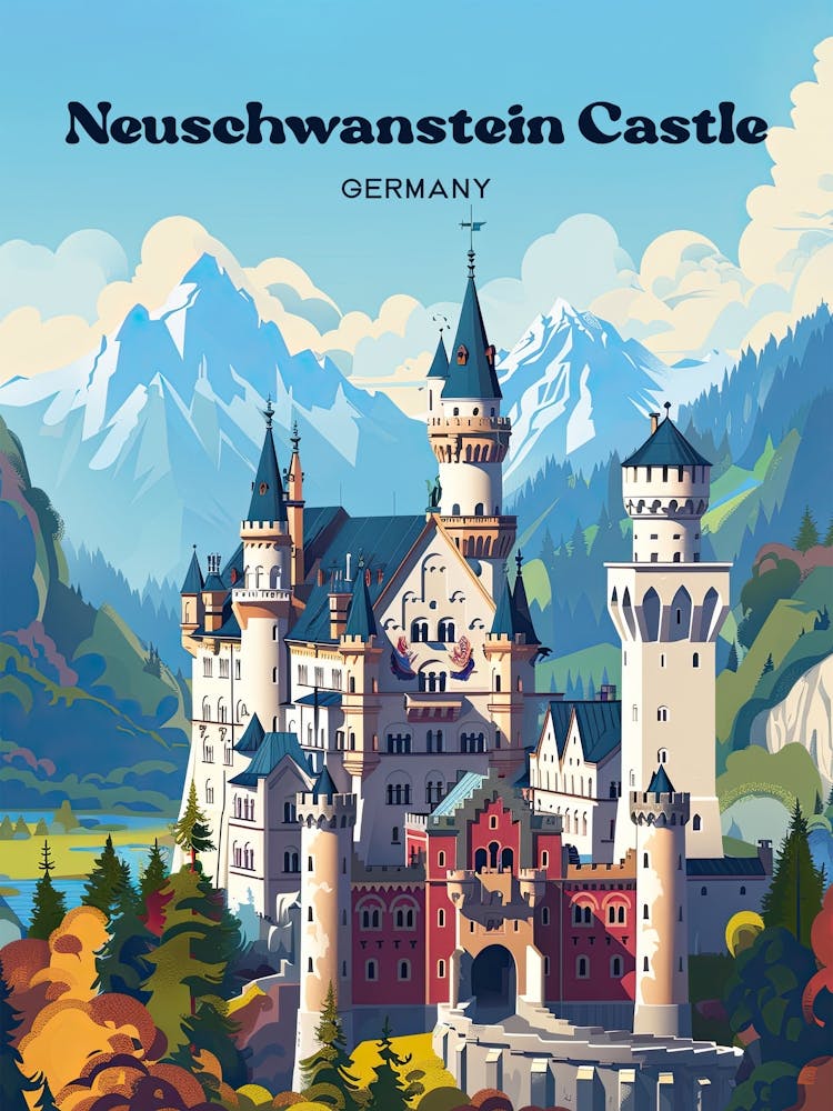 Neuschwanstein Castle Historical Travel Art Illustration