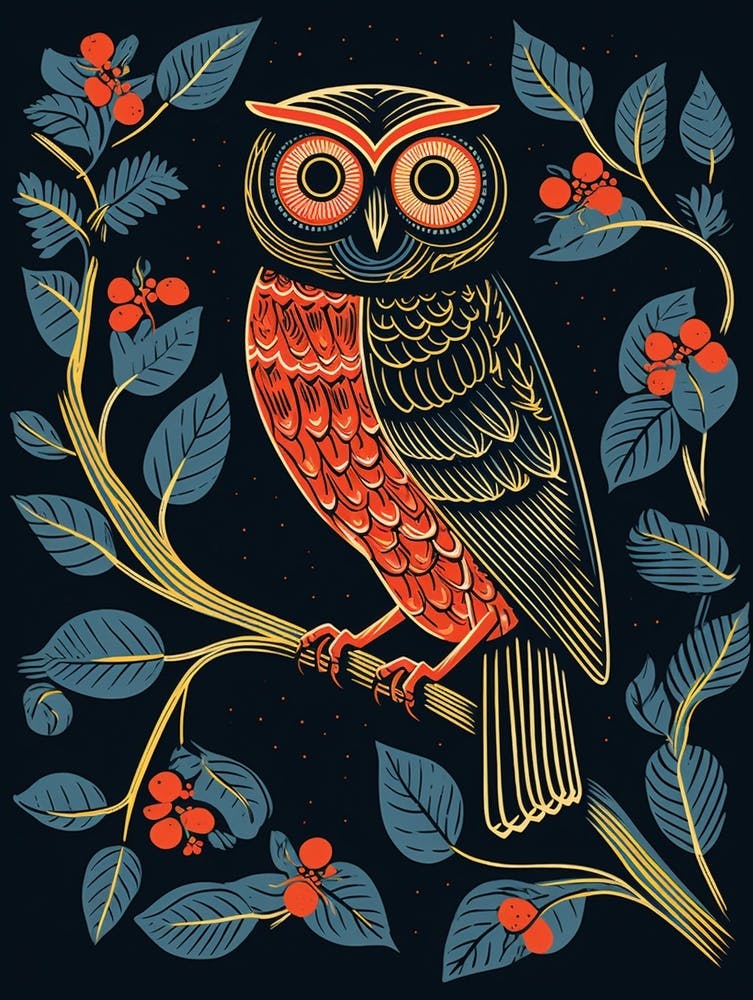 Vintage Bird Linocut Owl 2