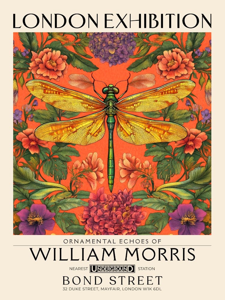 William Morris Dragonfly and floral artwork vibrant colors, insect and flower pattern Botanical vintage print, maximalist wall art living room boho decor, Floral tapestry Victorian style vintage decor 19