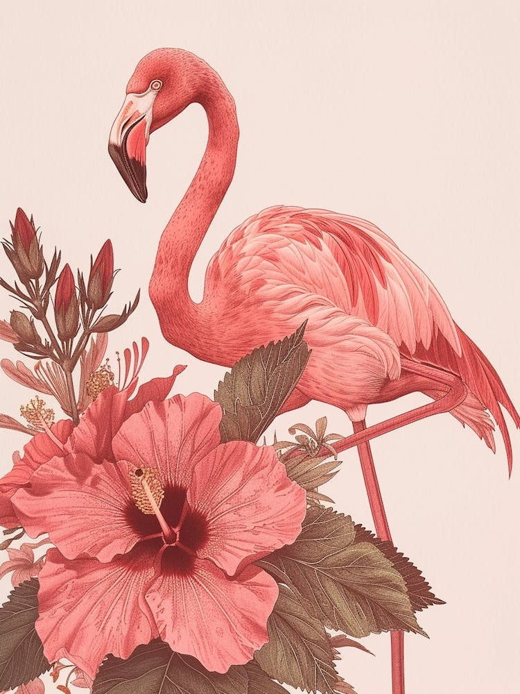 American Flamingo And Hibiscus Minimalist Illustration 2