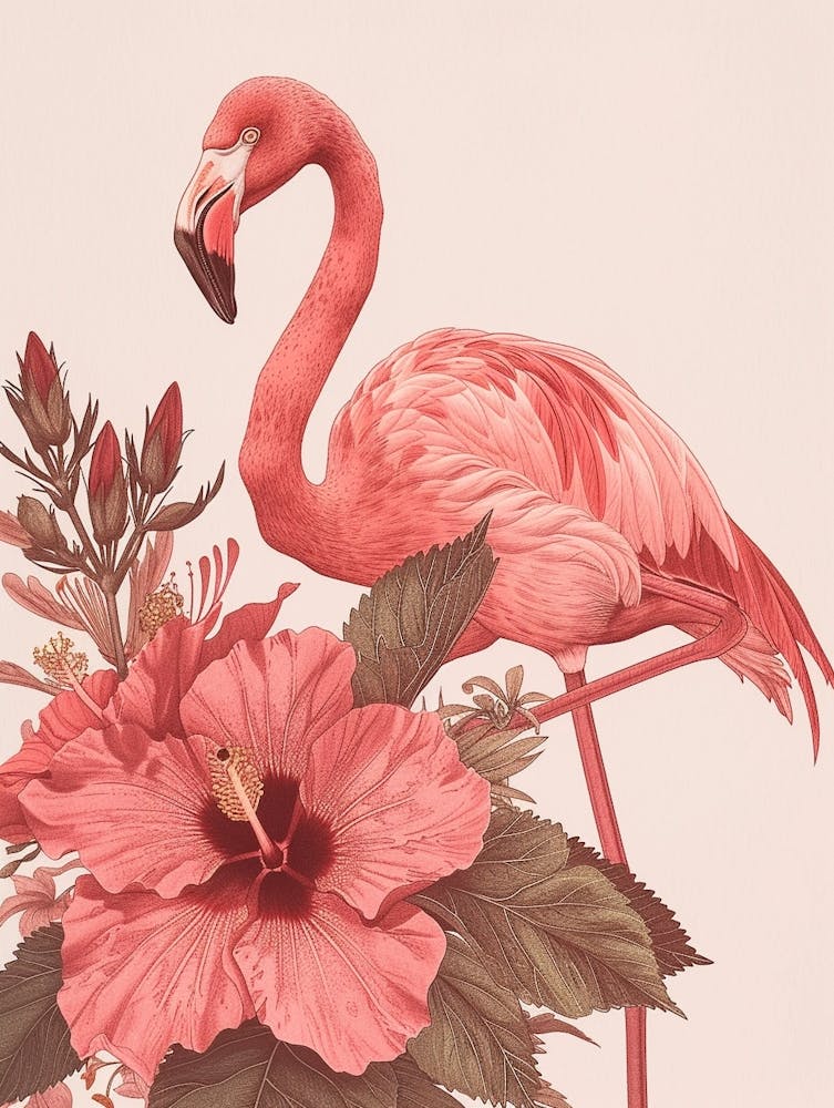 American Flamingo And Hibiscus Minimalist Illustration 2