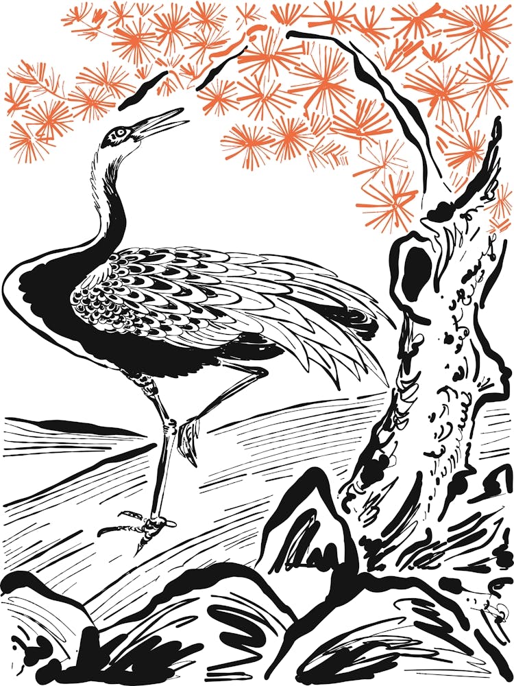 Crane In Cherry Blossoms