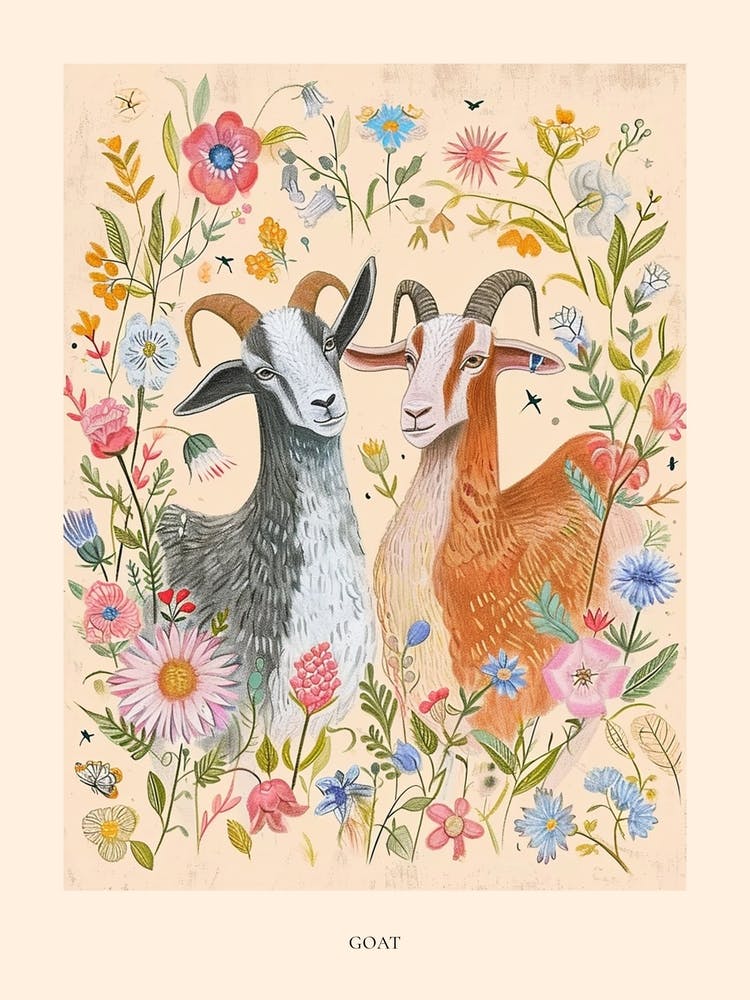Folksy Floral Animal Drawing Goat Poster
