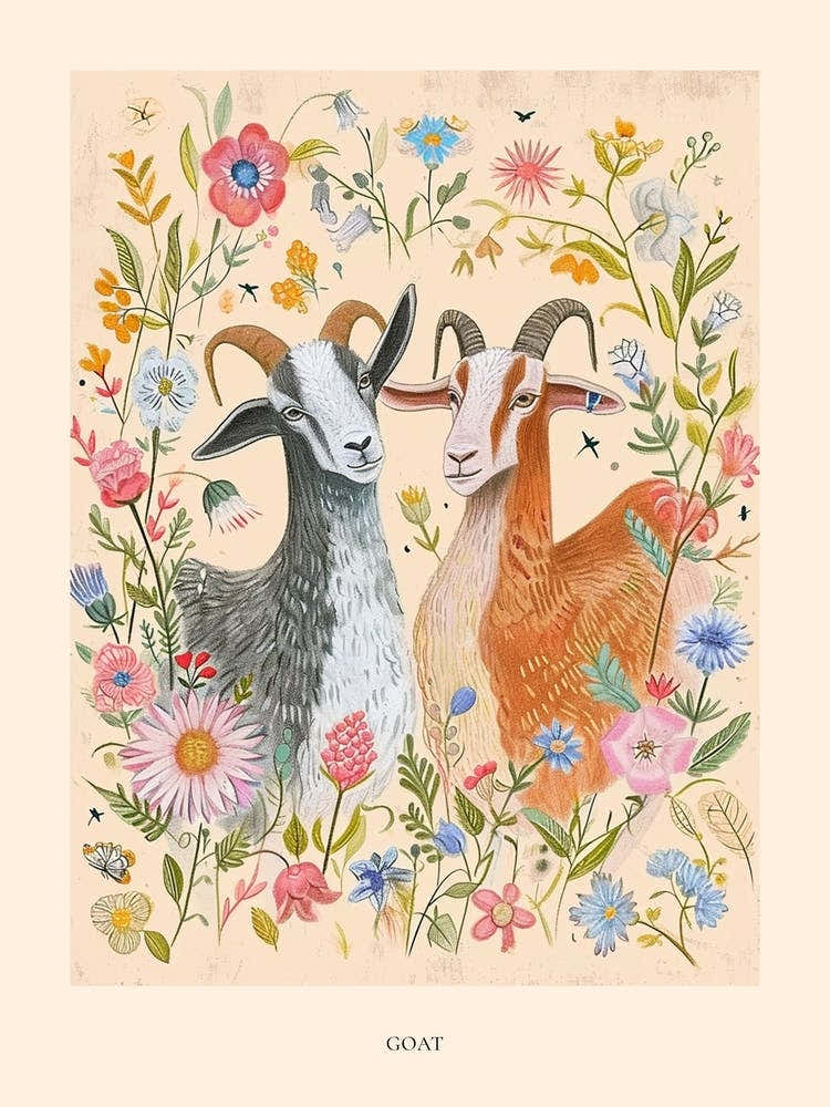 Folksy Floral Animal Drawing Goat Poster