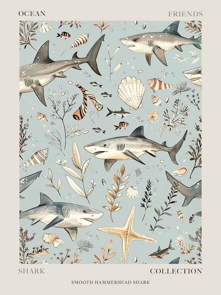 Pastel Blue Smooth Hammerhead Shark Watercolour Seascape 1 Poster