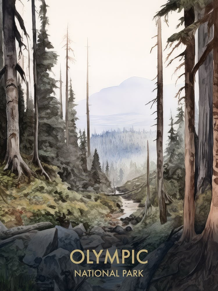 Olympic National Park Watercolour Vintage Travel Poster 1