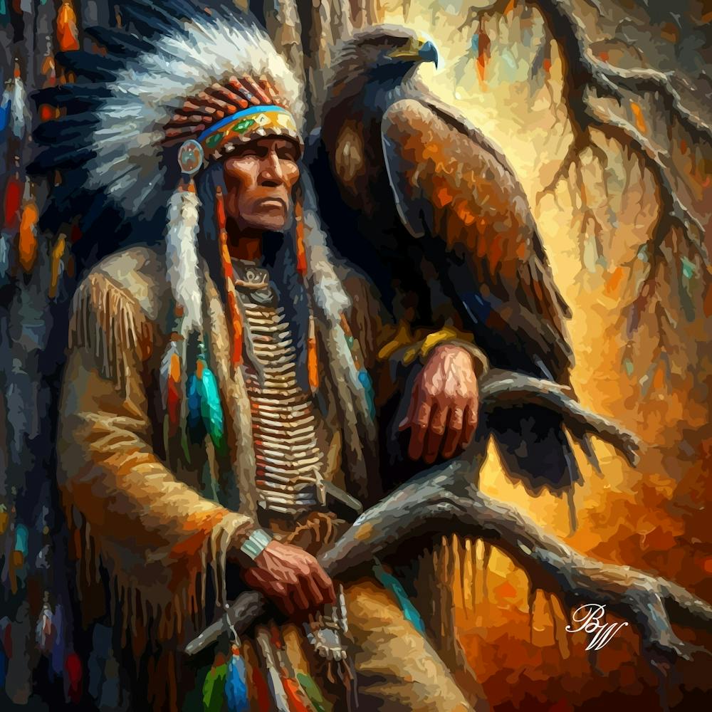 Oil Texture Native American Indian And Hawk Copy