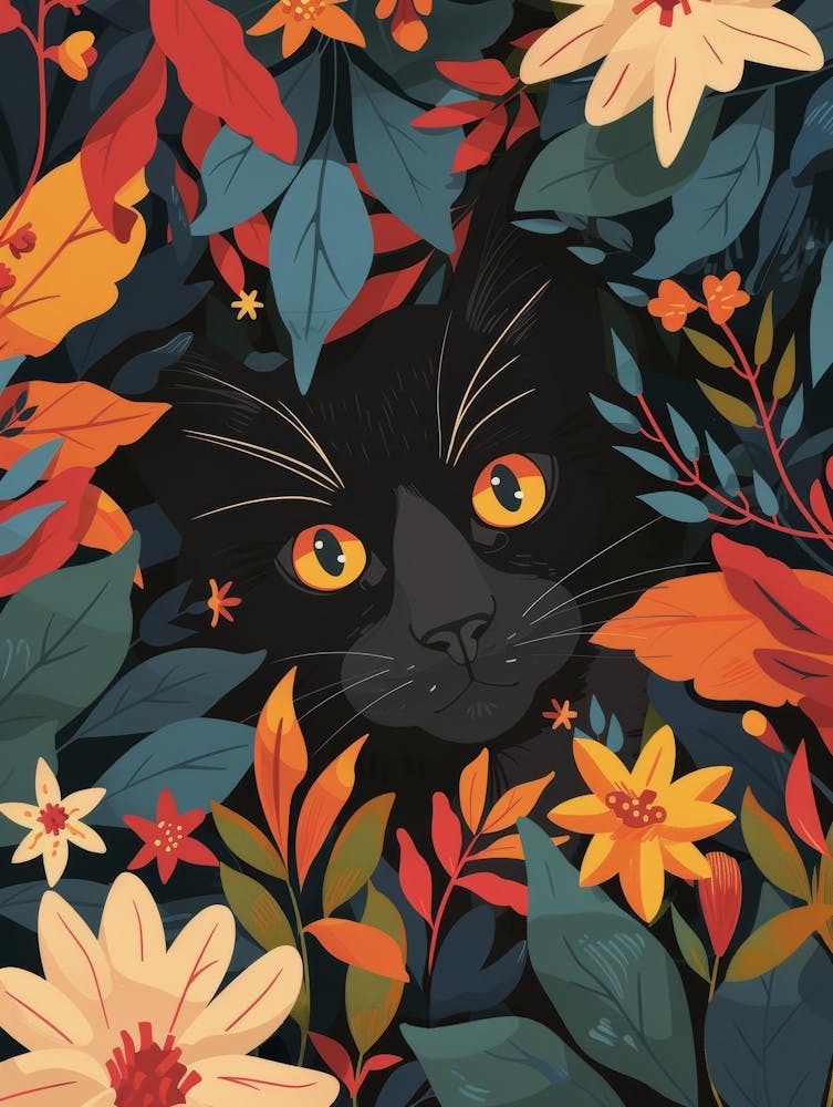Schwarze Katze in Herbstblättern